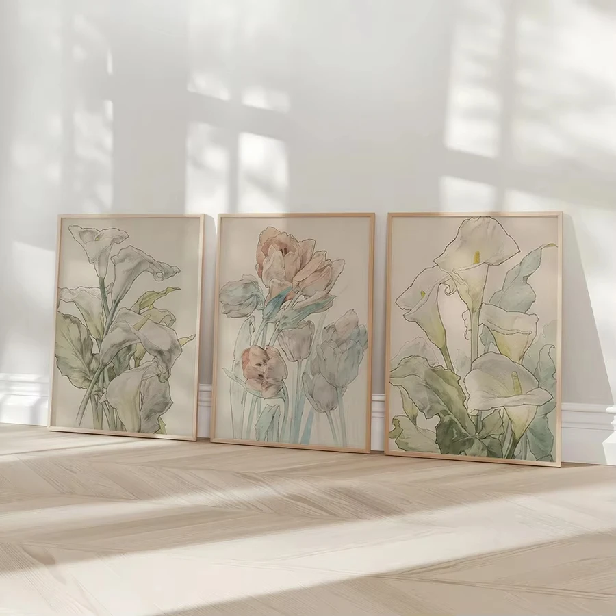 3-piece Set of Tulip and Lily Watercolor Flowers PlantWall Art Canvas Painting BohemianPosters and Prints Living Room Decoration