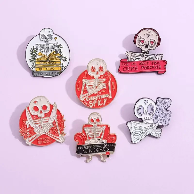 Skeleton Series Enamel Pins Read Books Be Kind Stay Weird No Body No Crime Brooch Lapel Badges Bag Punk Jewelry Gift For Friends