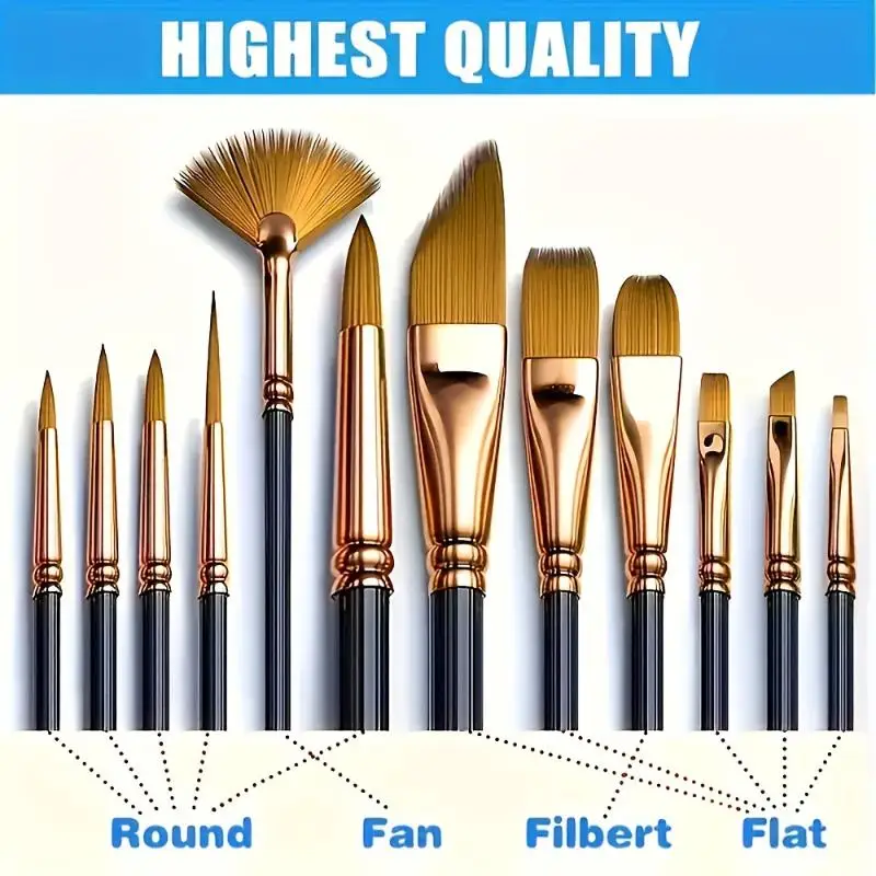 12Pcs Nylon Bristle Brush Set Flat Brushes Watercolor Oil Paint For Artists Amateur And Acrylic Paintings Fabric Brushes.