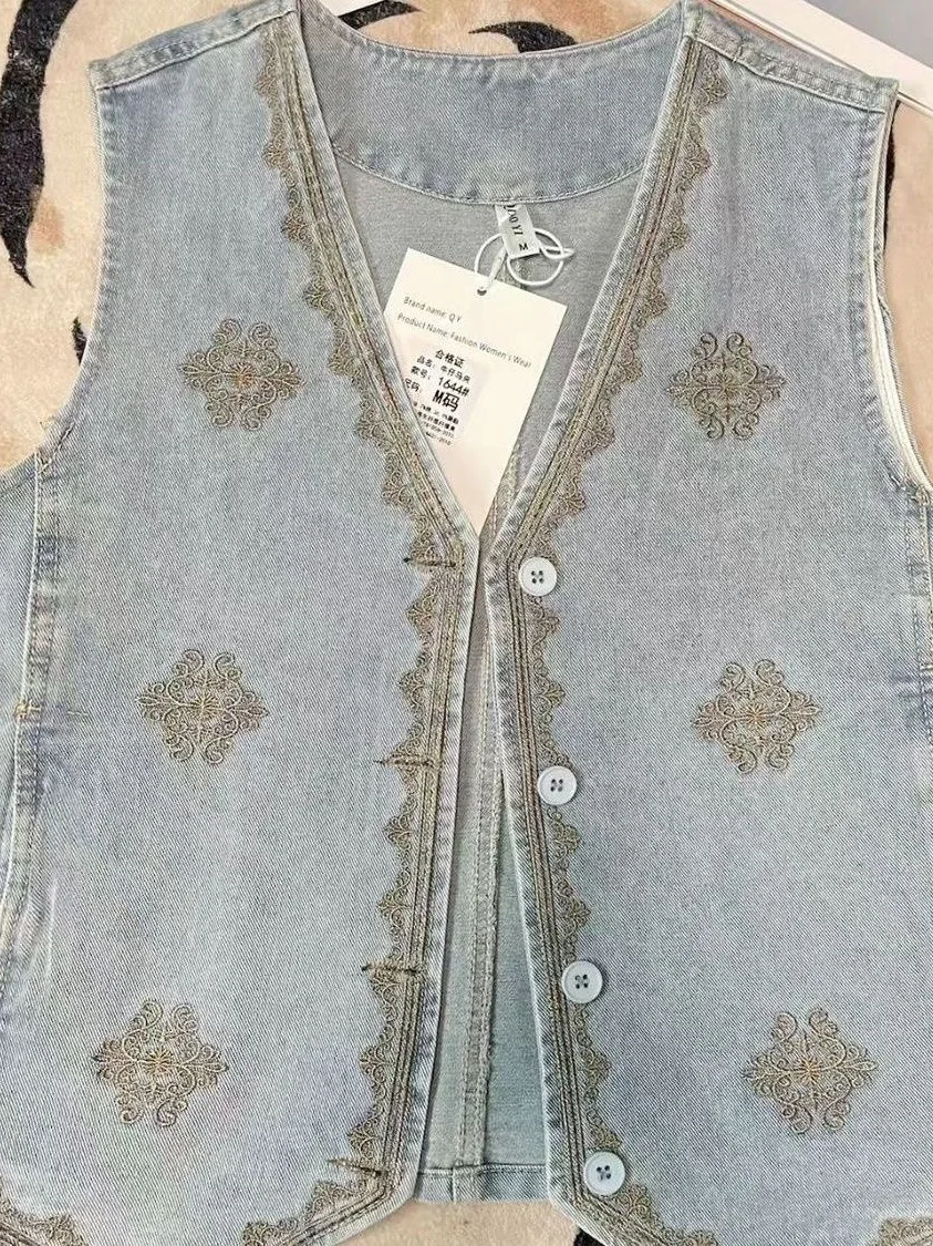 

Ele женский джинсовый жилет с вышитой кружевной отделкой Svel V-Ne, модный топ, удобный хлопковый лиоцелловый материал