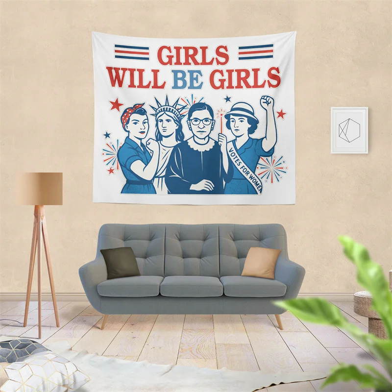 Gaslight Gatekeep Girlboss Girls Will Be Girls Vintage Feminism Tapestry Wall Hanging Art for Bedroom Living Room