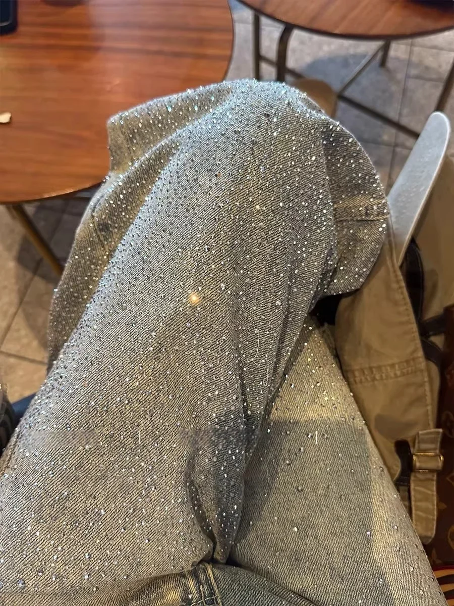

Elegant Blue Diamond Sparkling Wide Leg Jeans Women's Fashion Loose Slimming Versatile Long Trousers High Waist Straight Cut