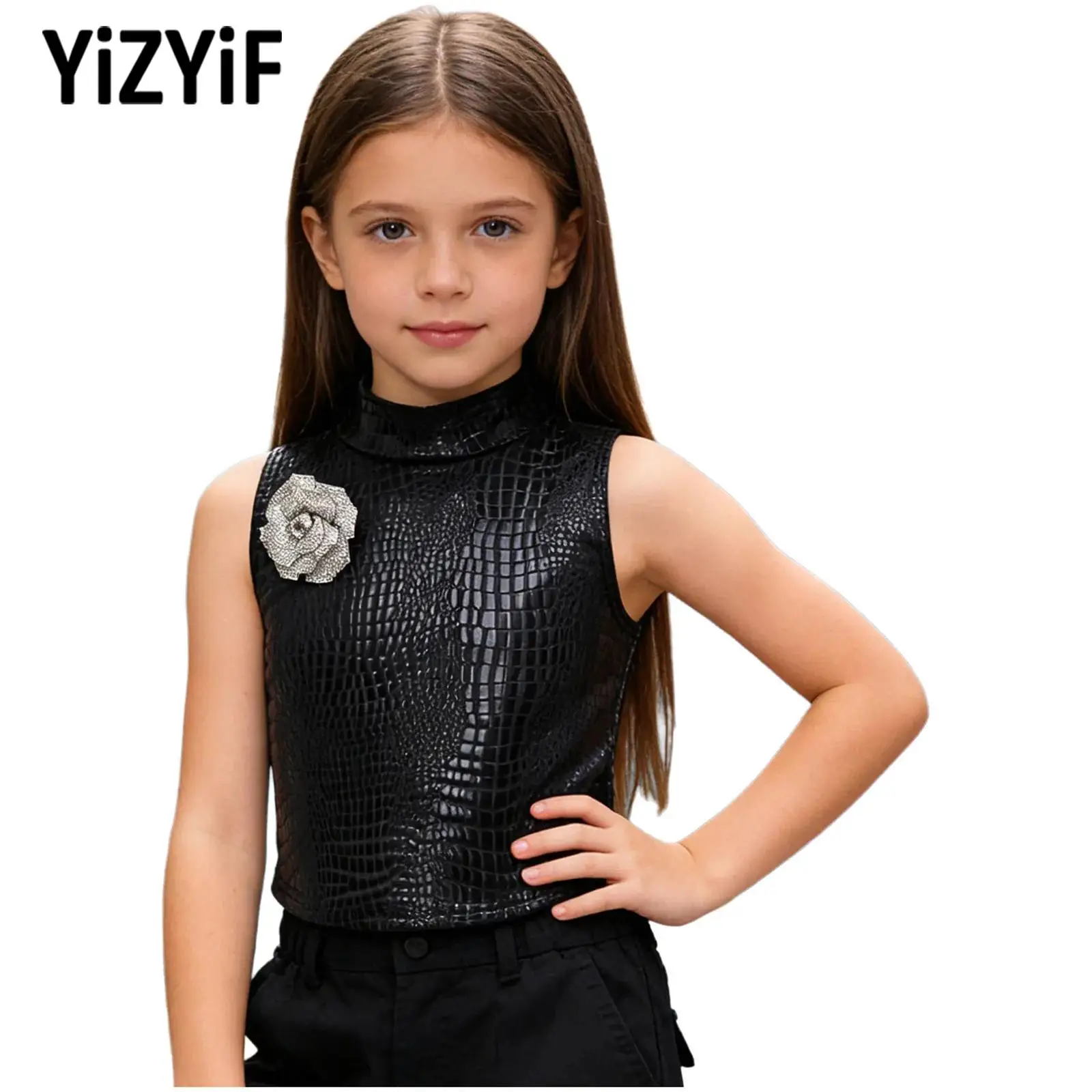 

Teen Girls Hip-hop Jazz Street Dance Costume Tops Sleeveless Metallic Crop Top Vest And Gloves for Stage Performance Competition