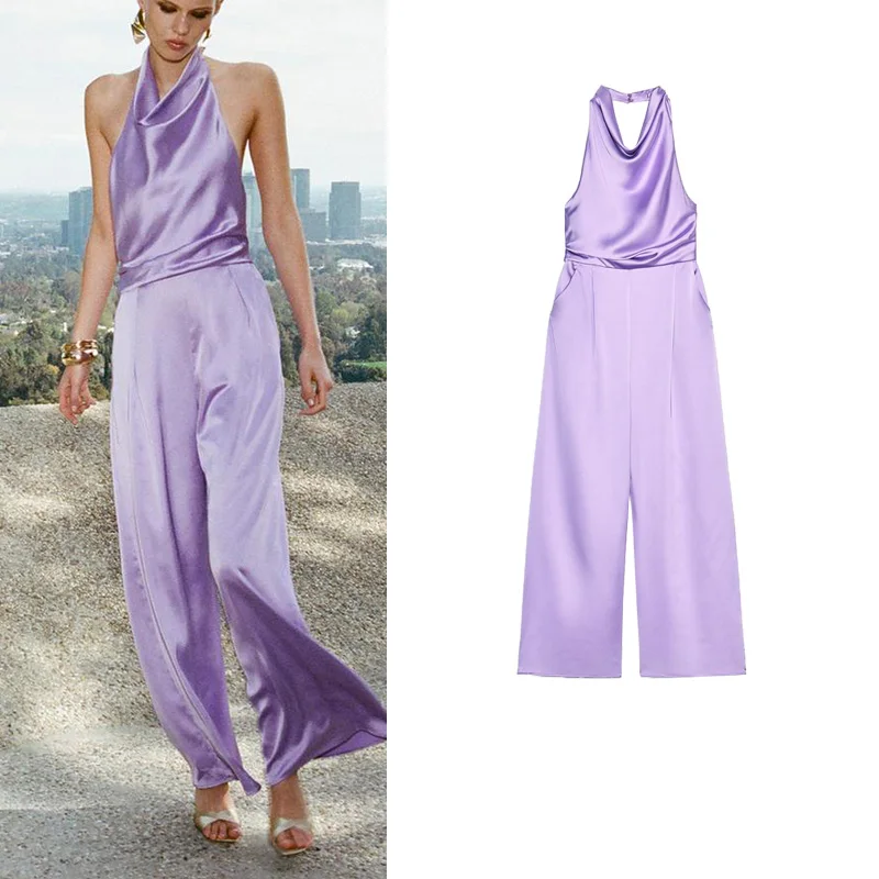 Estate delle nuove donne Wrap Dr Raso di seta Sensazione Appeso Colletto a pieghe Pantaloni interi Vita alta Gambe lunghe Fibra di poliestere