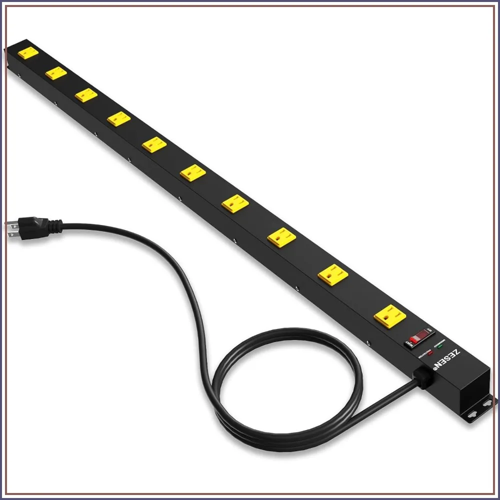 

10 Outlet Wide Spaced Power Strip, Heavy Duty Metal, 4FT Cord, Overload Protection, ETL Listed, Black