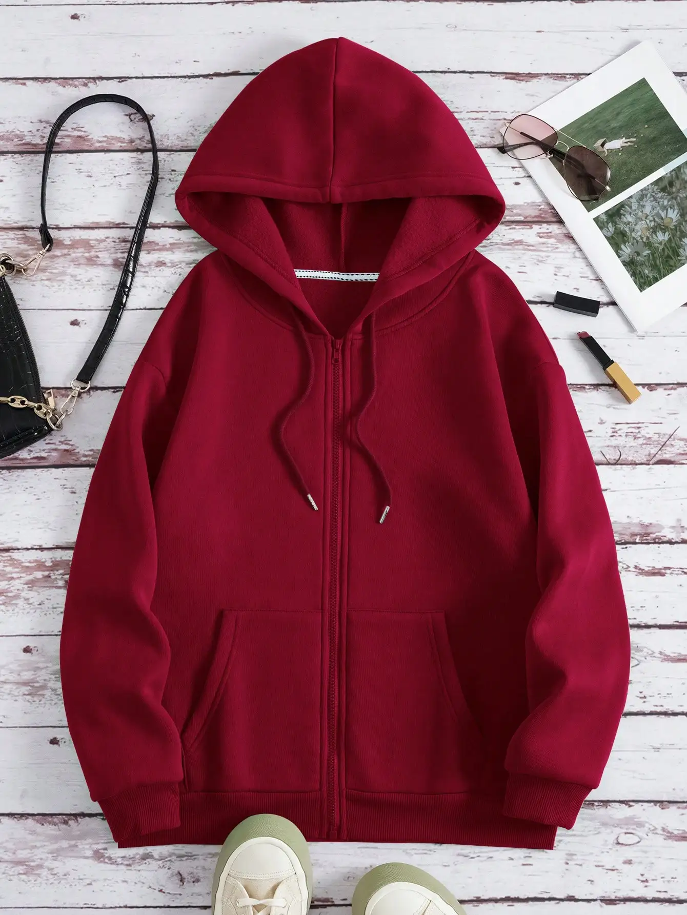 

Women's Solid Red Zip-Up Hoodie with Kangaroo Pocket, Casual Fall Outfit for School or Teacher Wear