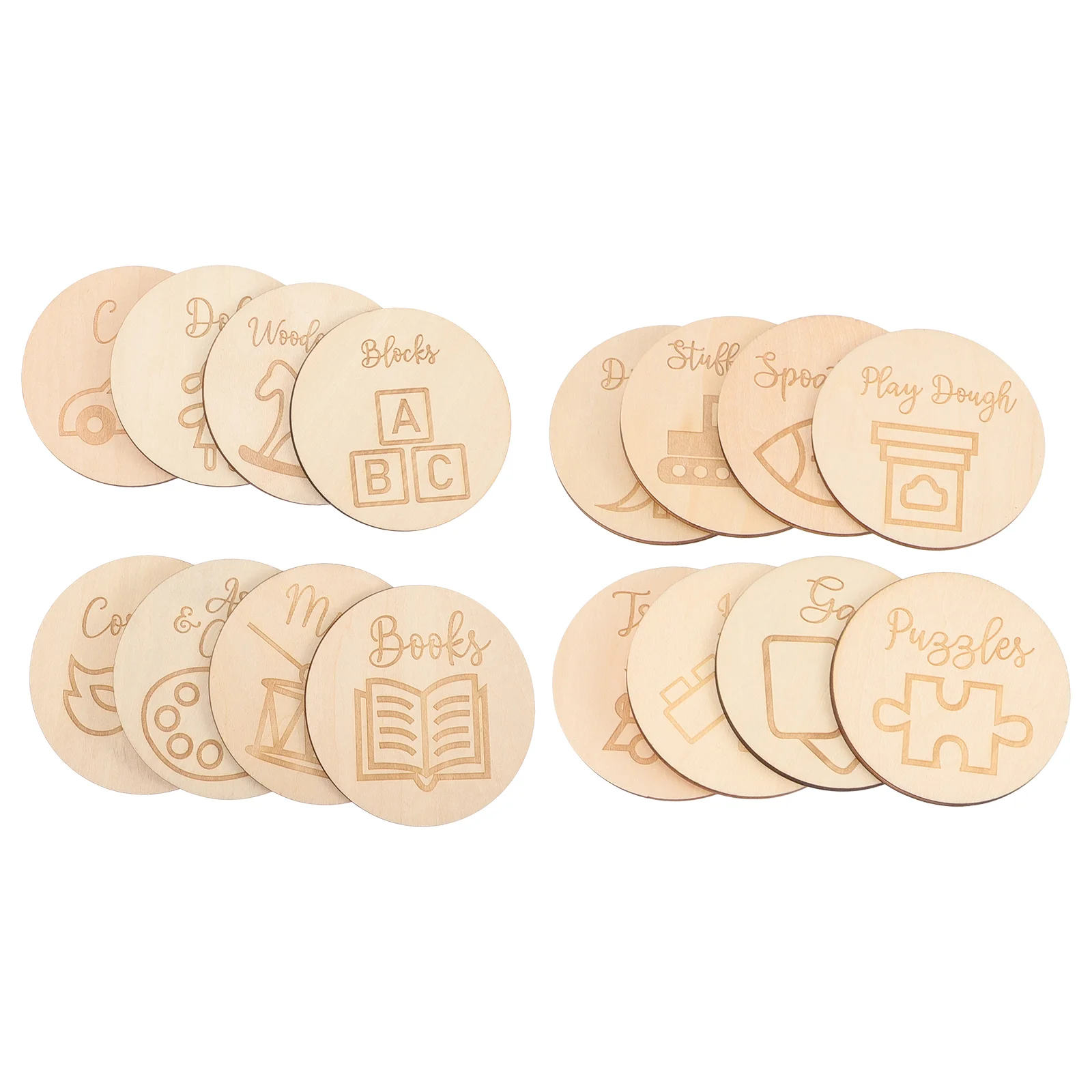 16 Pcs Wooden Round Circle Decoration Garbage Bins Trash Can Ornament Tag Discs Tags for Nursery Mother Labels