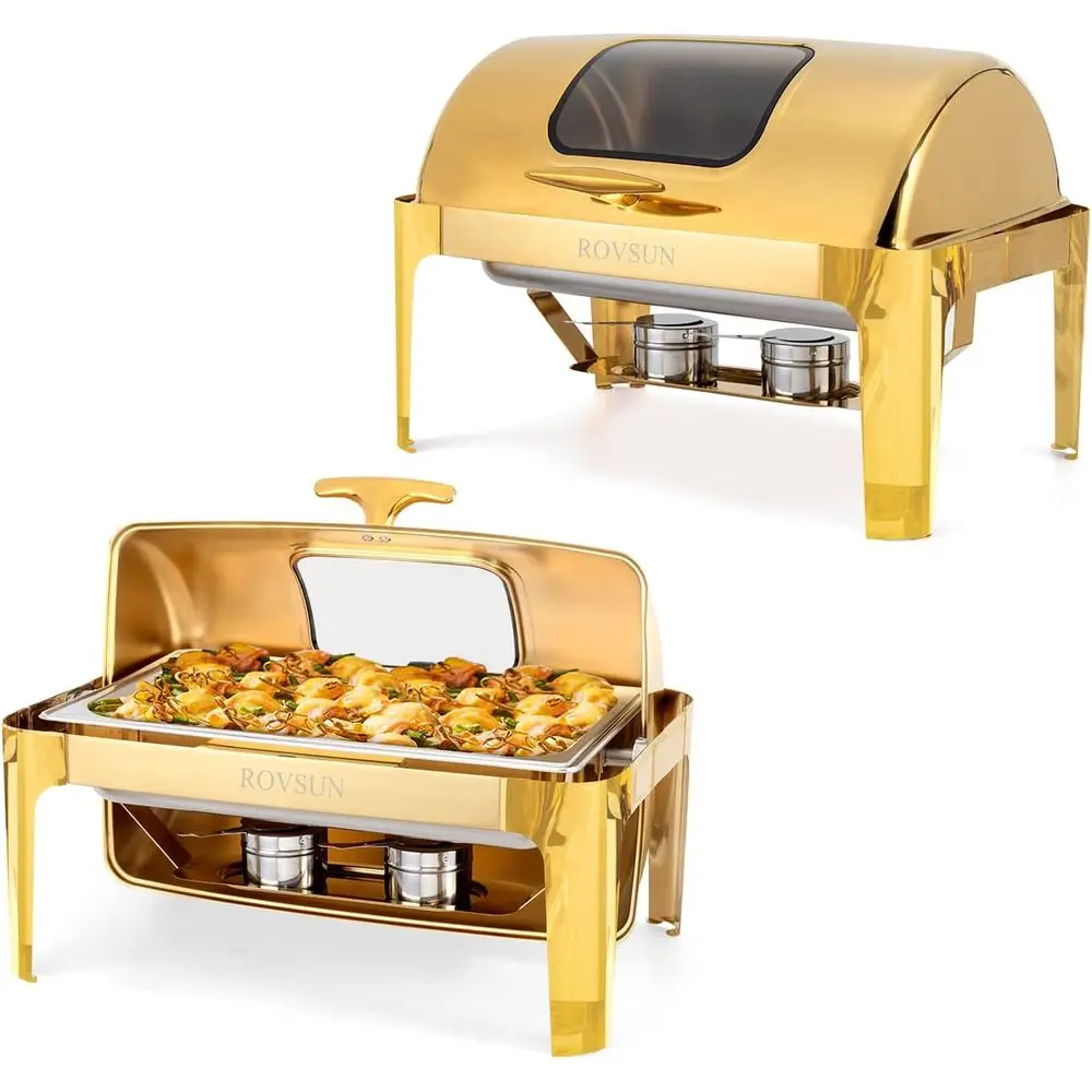

2 Pack Roll Top Stainless Steel Buffet Dishes with Glass Lid, Ideal for Catering and Weddings, Gold