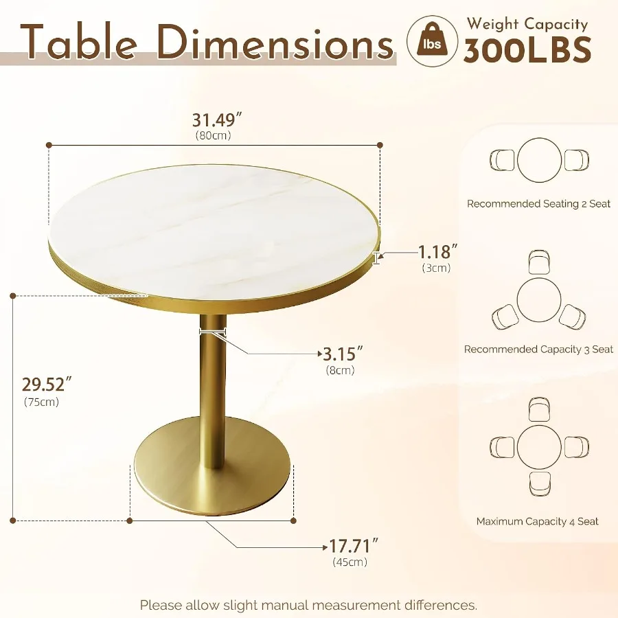 31.5 Inch Circle Tulip Table with Thickened Sintered Stone Tabletop and Golden Metal Pedestal, Small Dining Table Bistro Table