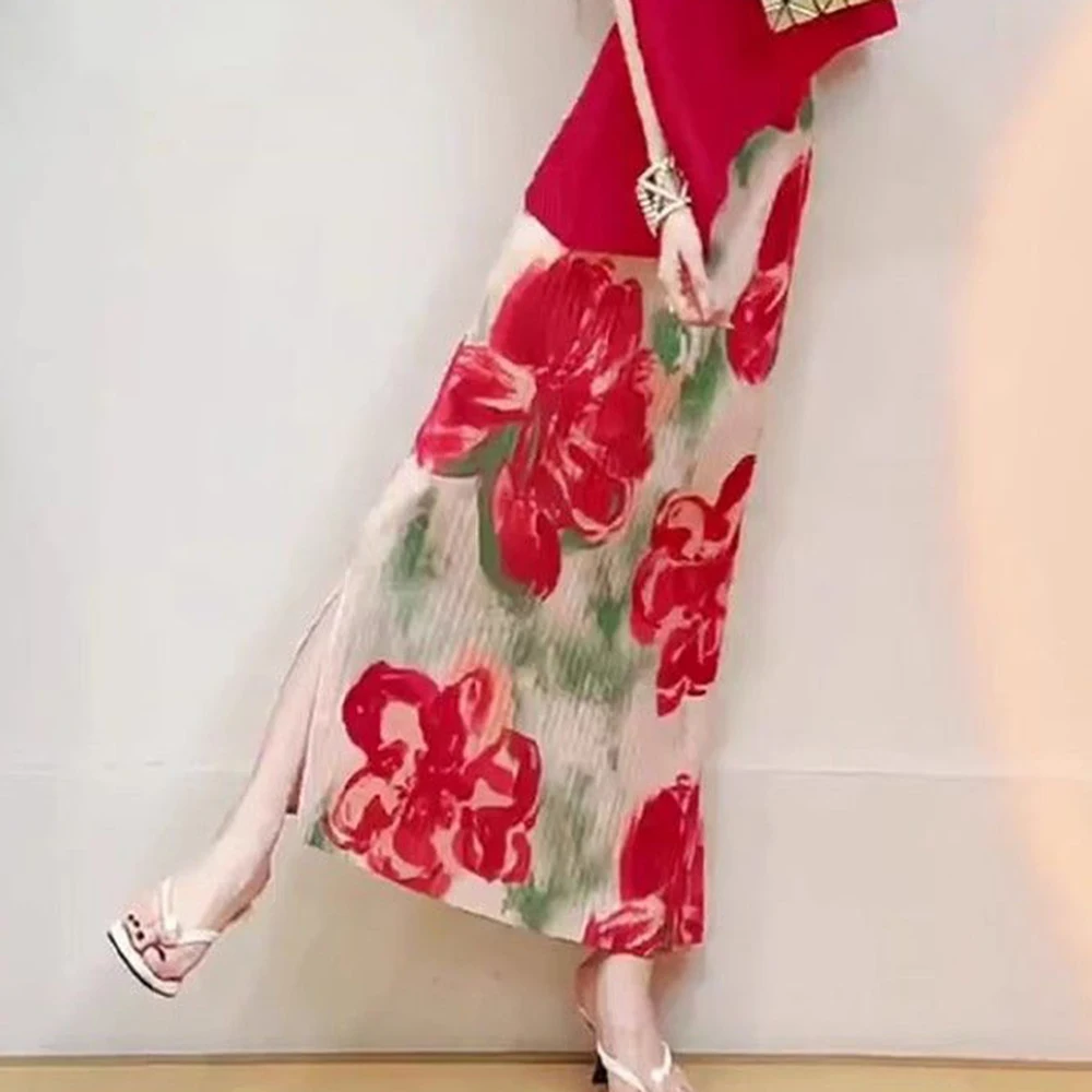 تنورة صيفية حمراء جميلة للغاية بدون أكمام تنورة كبيرة مطبوعة بالزهور ملابس نسائية فضفاضة y2k