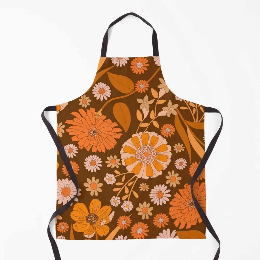 

Seventies Flower Garden-Brown Orange Apron Kitchen Supplies Idea Goods Waiter Uniforms Waterproof women Apron