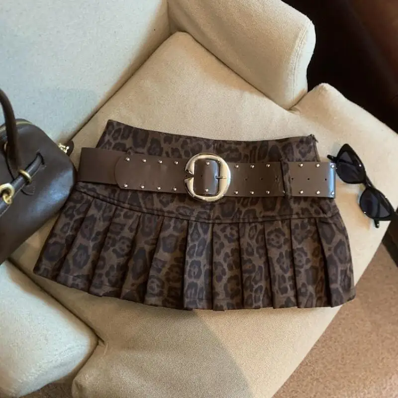 

American Leopard Print High Waist Short Skirt Y2K Women A-Line Pleated Skirts American Retro Girls Mini Sexy Skirt Streetwear