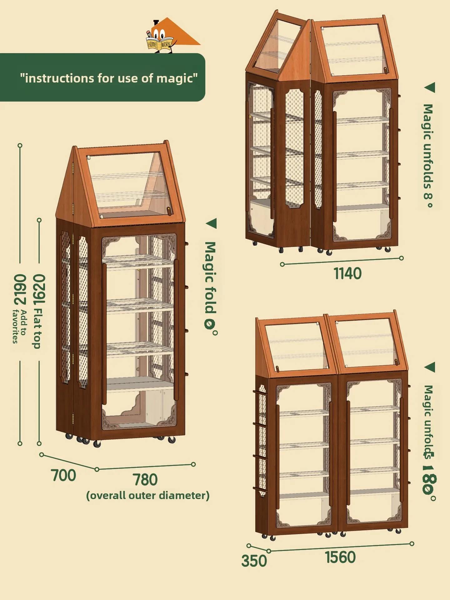 Folding figure cabinet 360 degree movable bookcase with wheels retro storage doll display cabinet