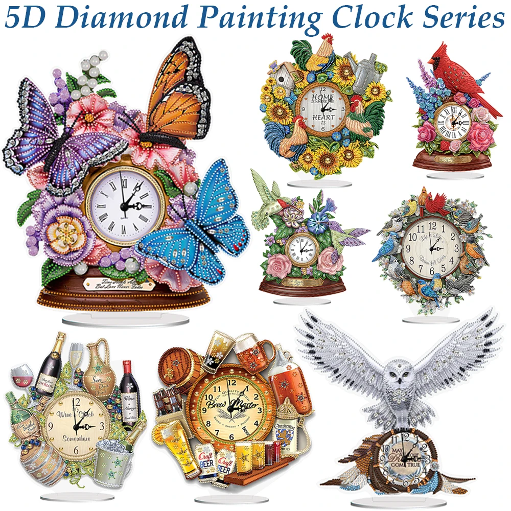 Acrylic Special Shaped Animal Diamond Glitter Art Clock Kit Food Diamond Painting Clock Handicraft Flower Living Room Decoration