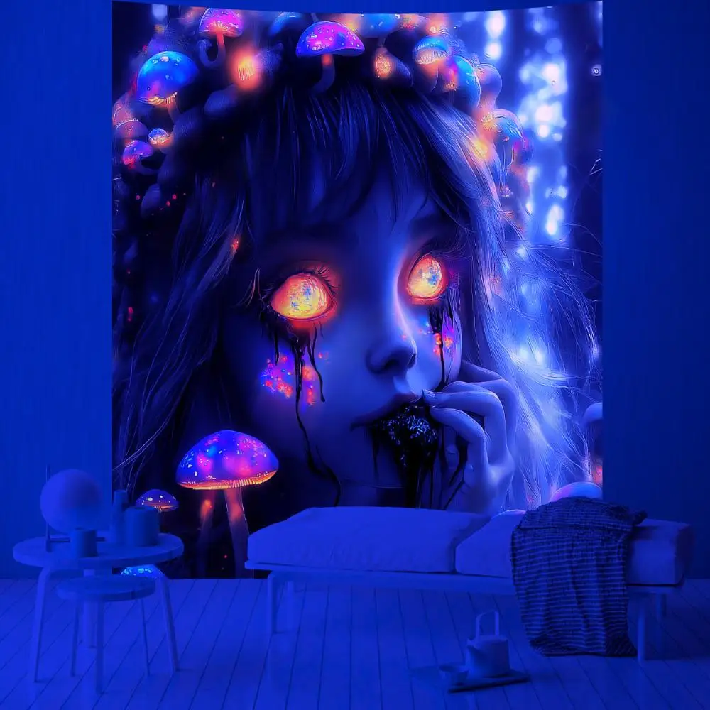 VIKAMA Dark Witch Tapestry Mushroom Headpiece Blue Eyes Fantasy Bedroom Living Room Dark Style Wall Hanging Decoration