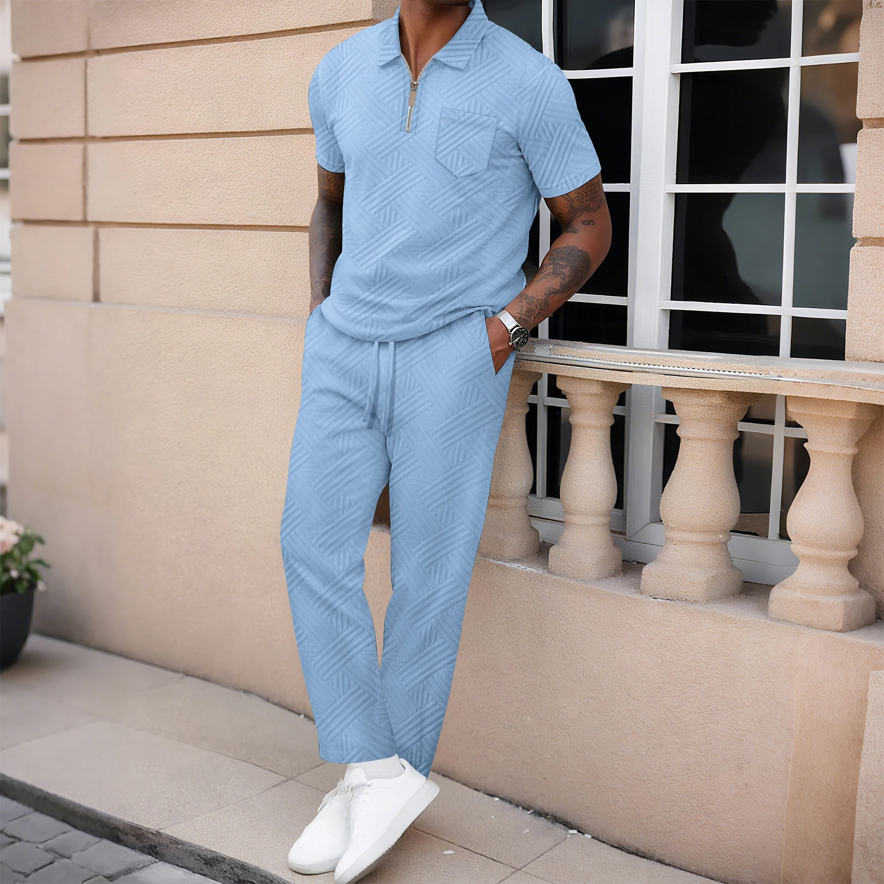 

Мужской повседневный комплект футболок с короткими рукавами Весна/Лето повседневная уличная мода с воротником и брюками с карманами из двух частей