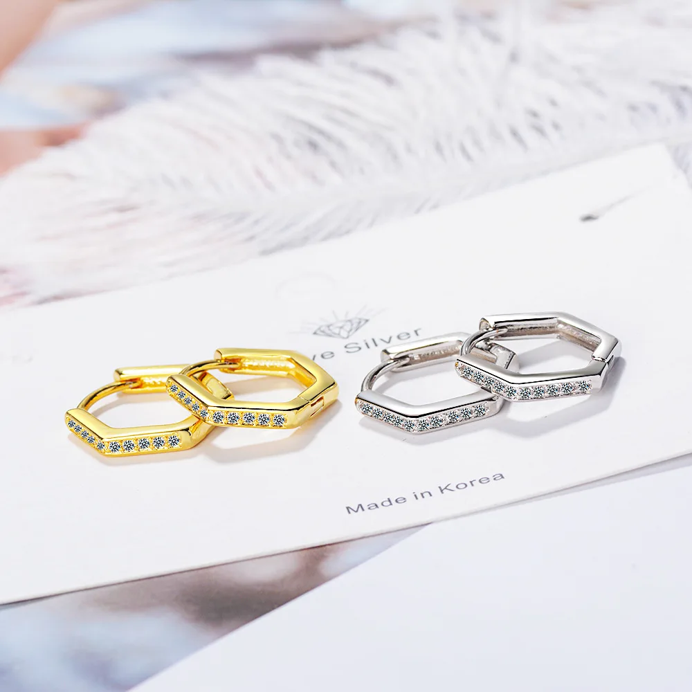 925 sterling silver new women\'s fashion jewelry high quality retro simple pentagonal crystal zircon gold silver earrings