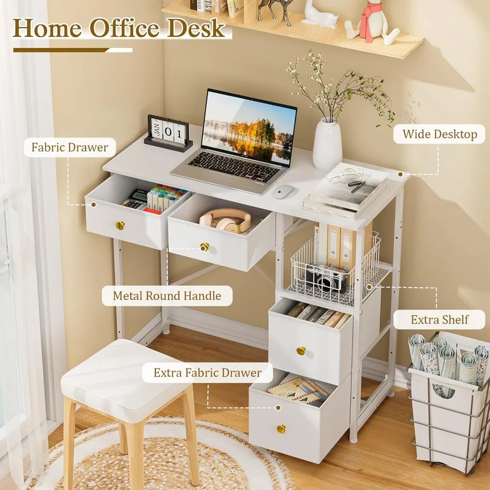 Compact Kids Study Desk with 4 Fabric Drawers for Small Spaces, Simple Writing Desk for Home Office Use