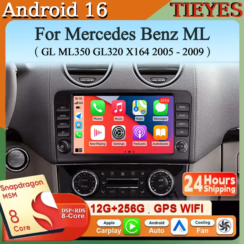 Android 16 Carplay&Auto Car Radio Navigation Multimedia Stereo Player QLED GPS For Mercedes Benz ML GL ML350 GL320 X164 2005 - 2
