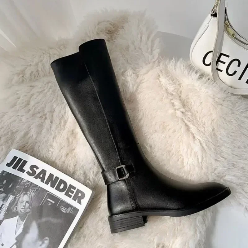 2024 New Female Winter Leather Long Boots Trend Spring Autumn Knee High Boot Women Comfortable Low Heels Black Luxury Shoes