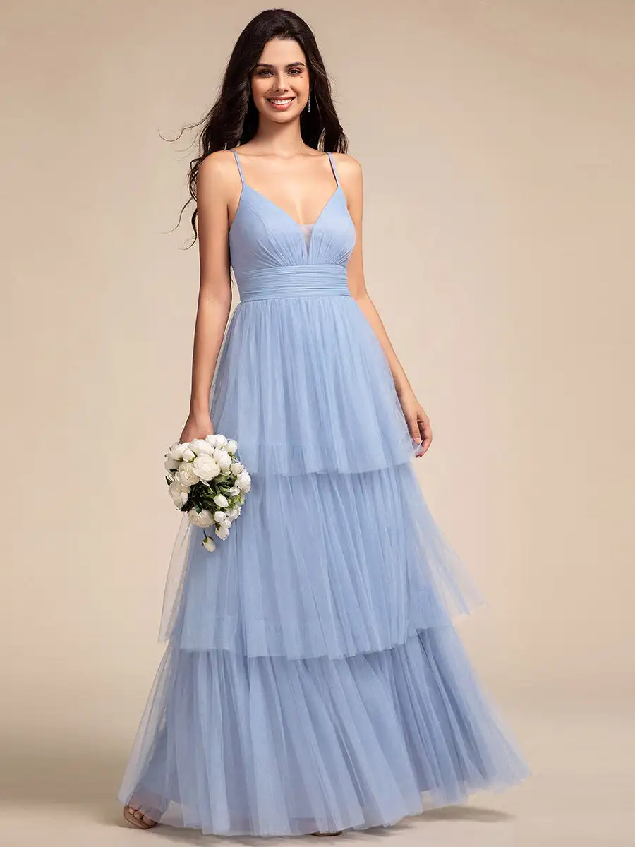 Elegant Evening Dress Romantic V Neck Sleeveless See-Through Cake pleated 2024 Ever Pretty of Tulle Light Blue Bridesmaid dress