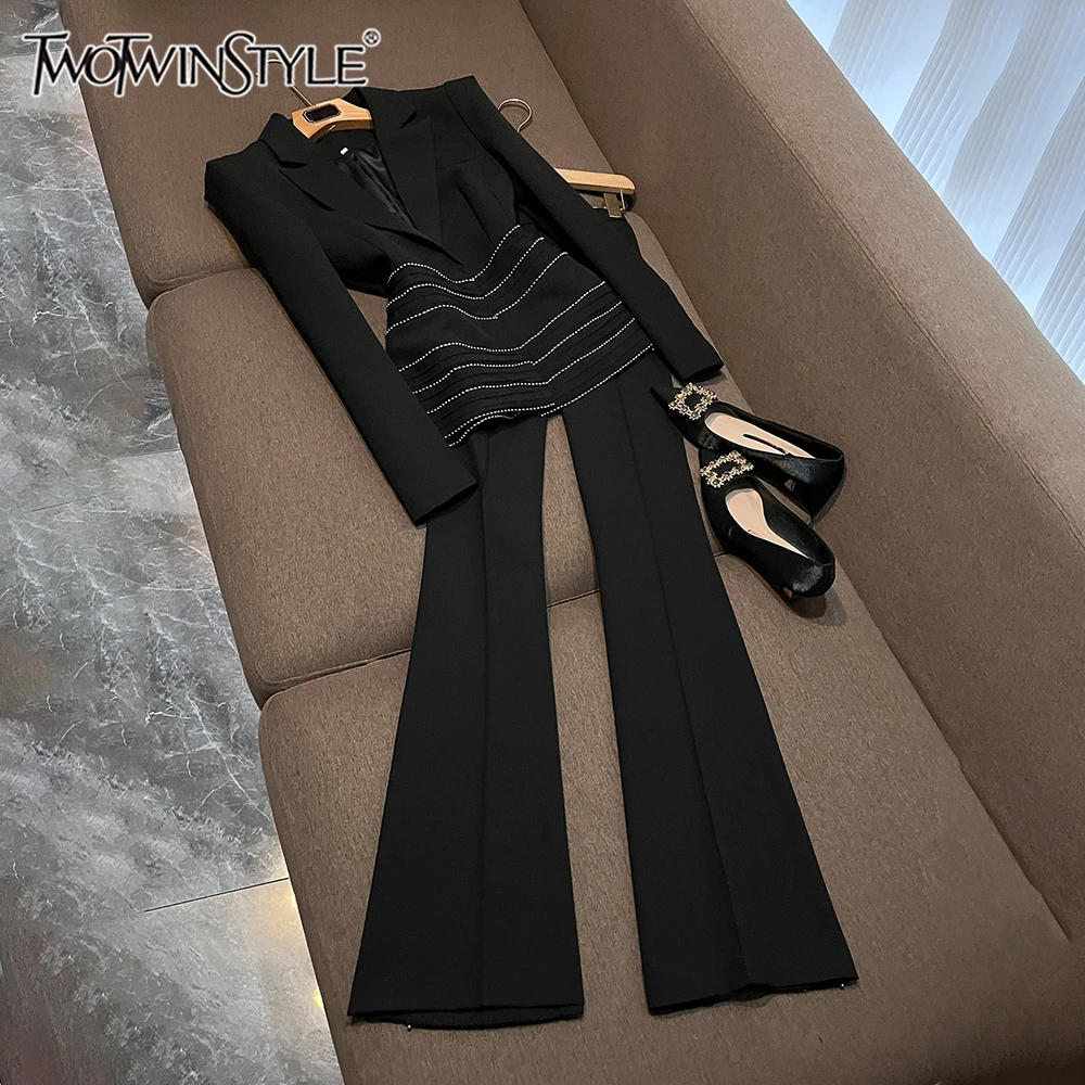 TWOTWINSTYLE Elegant Black Tailored Two Piece Set for Women Blazer Striped Hem Design Wide Leg Pants Suit for Office KSE560561