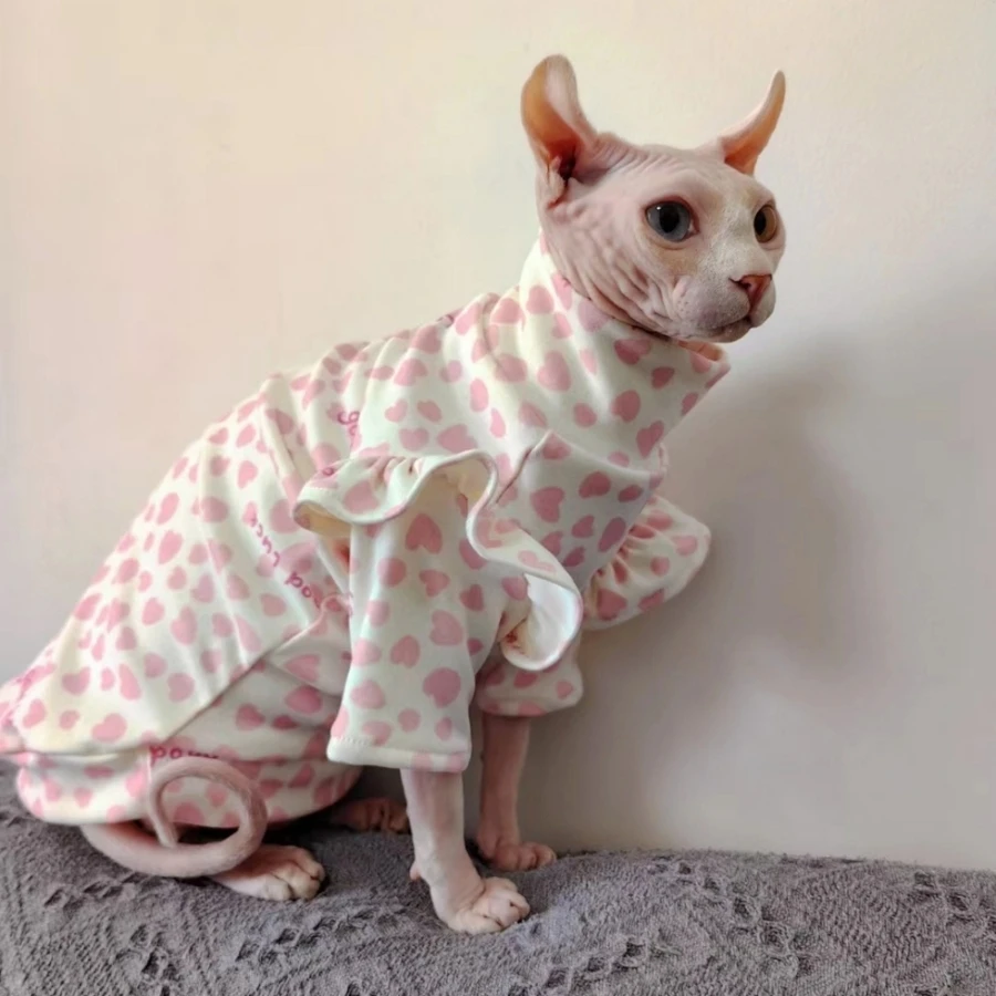 Spring pink Dress for Sphynx Cats Cotton Lace Sleeves Skirt For Hairless Cat Clothes Soft Sweet love Shirt For Kittens in Summer