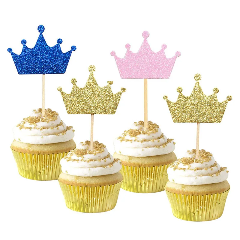 10Pcs Pink Blue Glitter Paper Crown Cupcake Toppers Cake Picks for Boy Girls 1st Birthday Baby Shower Wedding Party Decorations