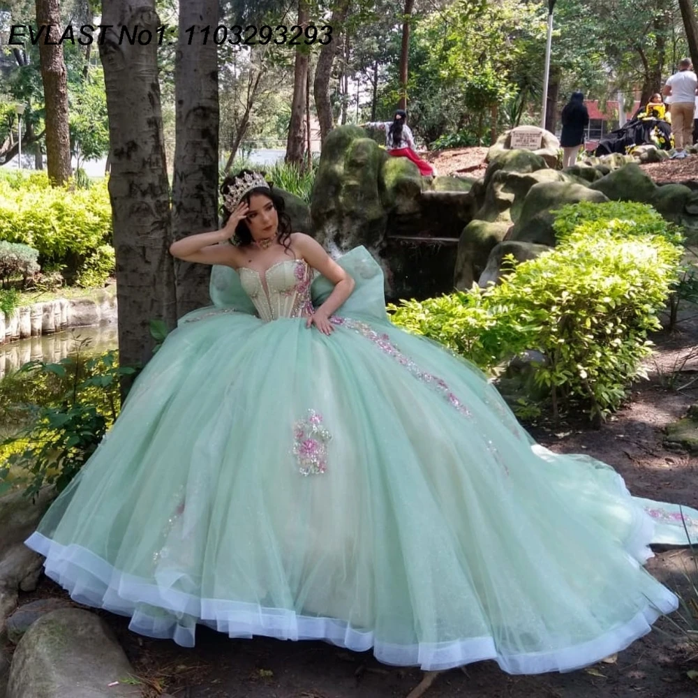 

EVLAST Customized Shiny Green Quinceanera Dress Ball Gown Pink Floral Applique Beading Bow Sweet 16 Vestidos De 15 Anos E1QN695