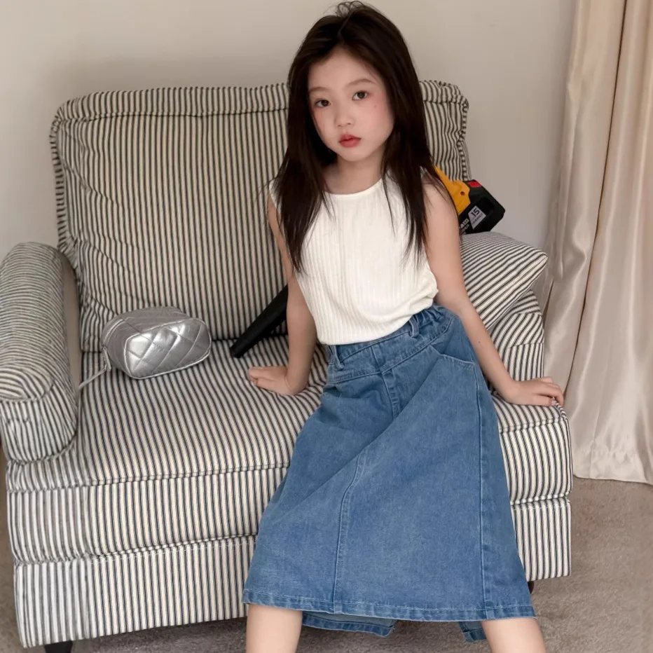 

Summer 2-10 Years Girls Two-piece Clothes Set Cotton Solid Ribbed Vest Tees Retro Split Mid-length Striahgt Denim Skirts Outfits