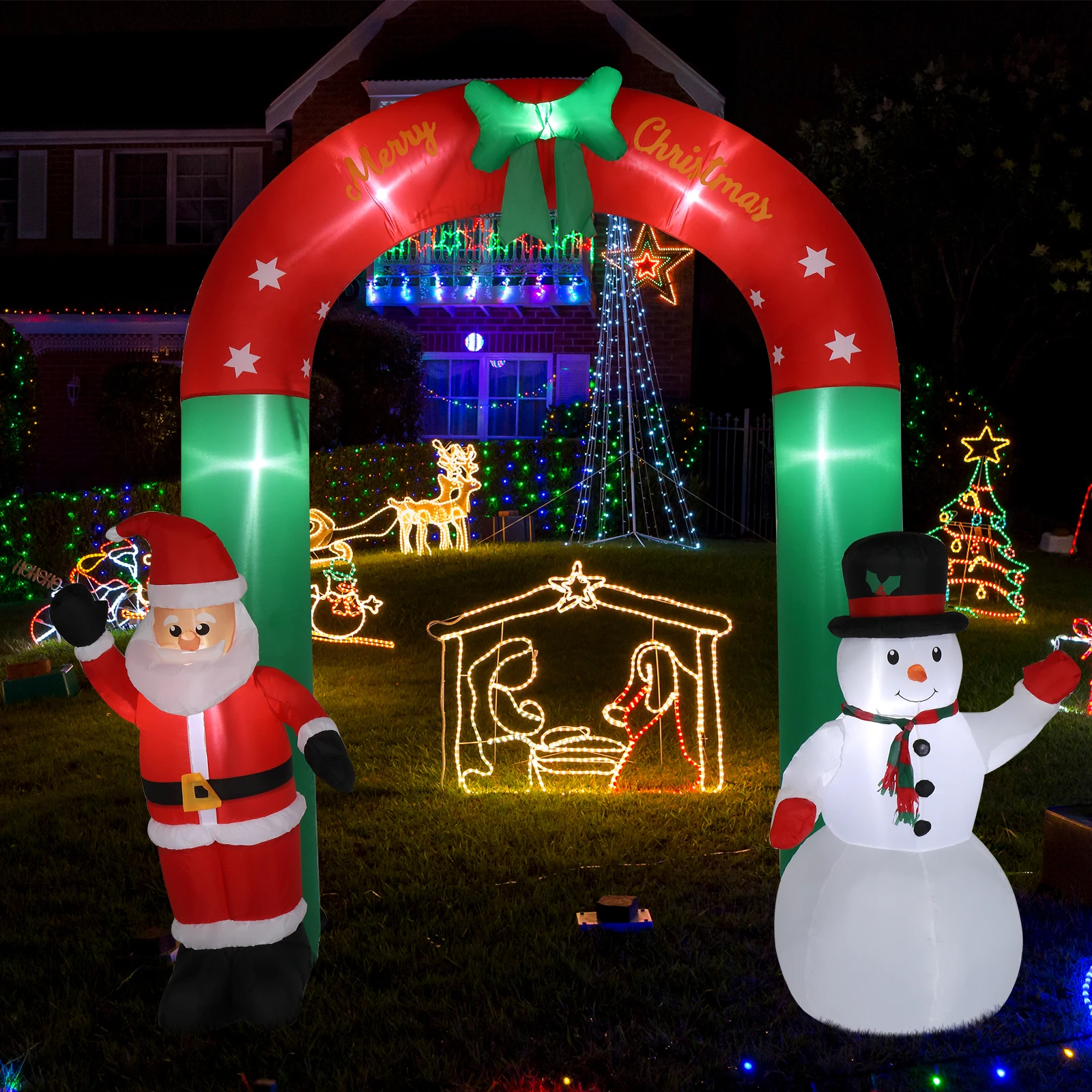 8ft with Santa Snowman 7 Lights Inflatable Festive Arch Decoration Christmas Home Warm Decorations Family Party Decoration