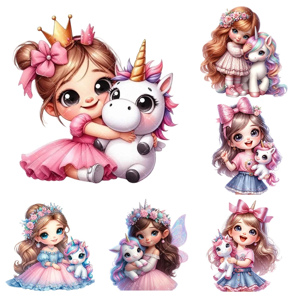 

Cute Little Girl Series Unicorn girl Heat Transfer Stickers Iron On Clothes Bag DTF Vinyl Thermal Appliques Washable DIY Patches