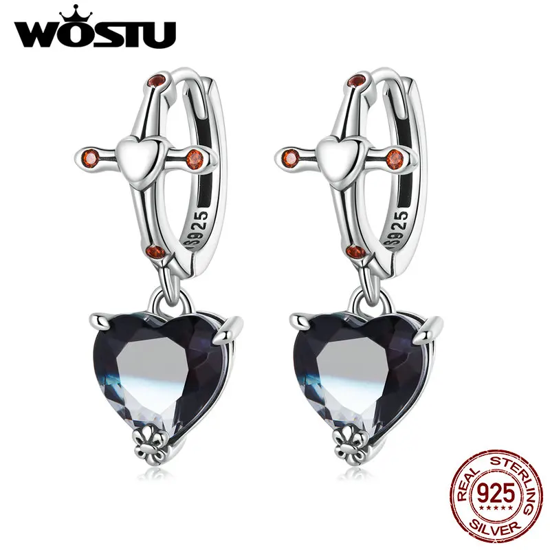 WOSTU 925 Sterling Silver Drop Earring Red Zircon Cross Clips Ear Hoop Black Crystal Holloween Danlge Earring Gift Fine Jewelry