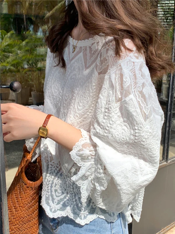 Elegancka długa bluzka z koronki dla kobiet, uniwersalna, przeciwstarzeniowa, markowa, luksusowa, nowość na jesień, do pracy.