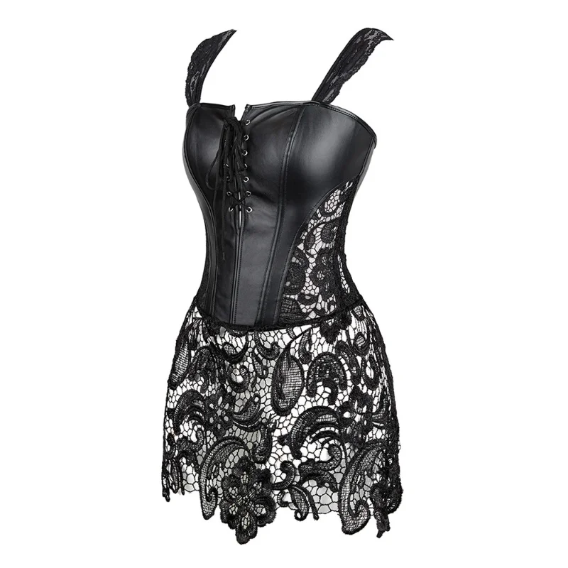 Sexy Lingerie with G-string Sets Women Faux Leather&Lace Burlesque Steampunk Corset Dress Waist Gothic Bustier Corpet Plus Size