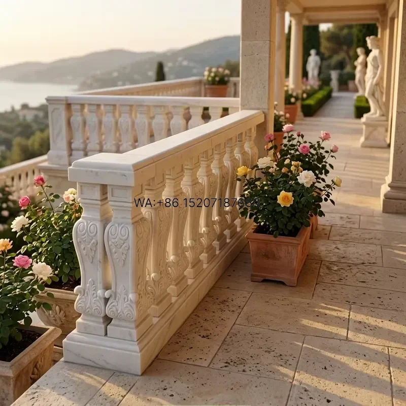 Wmwmnu for YouFine Custom White Marble Balustrade Classical Hand Carved Stone Railing Column for Luxury Villa Hotel Garden