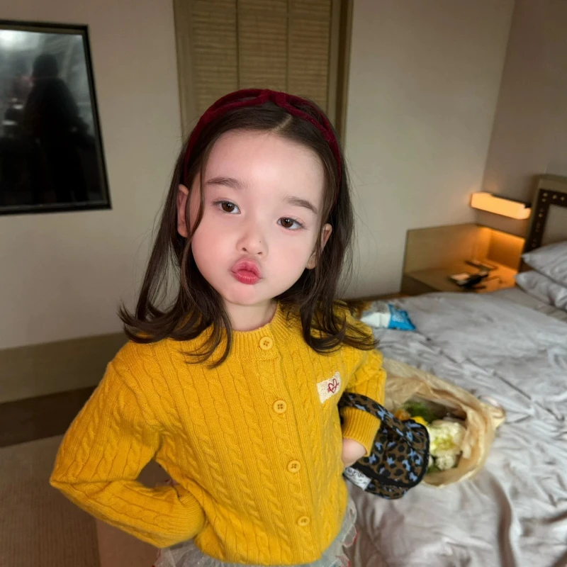 Girls' Fried Dough Twists Knitted Cardigan Girl's Long Sleeve Button Sweater Coat Cute and Fashionable