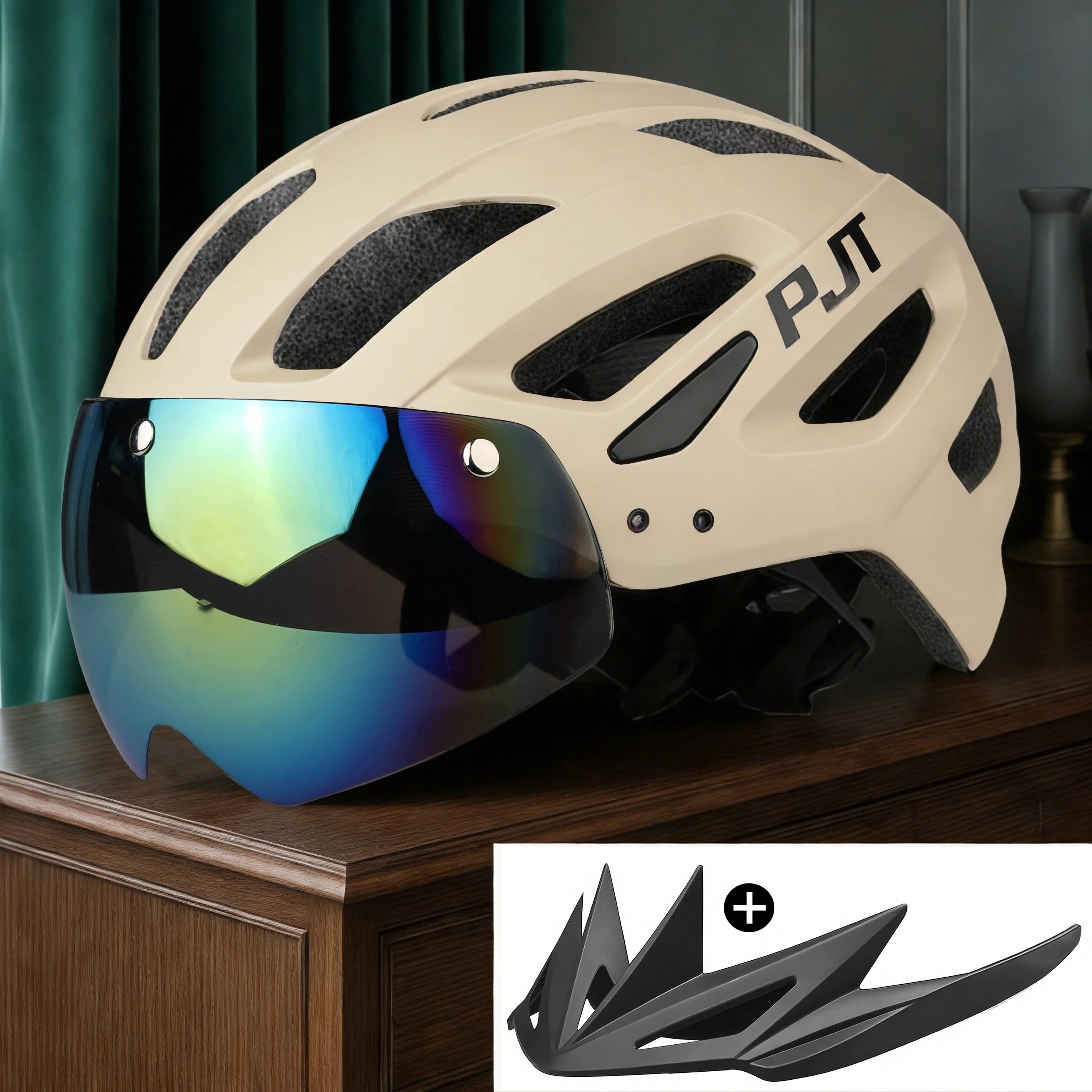 PJT Neuer Fahrradhelm mit Licht für Straße und MTB, Mountainbike-Brille / Sonnenschutz-Helm L für Männer und Frauen, Fahrradhelm mit Sonnenschutz