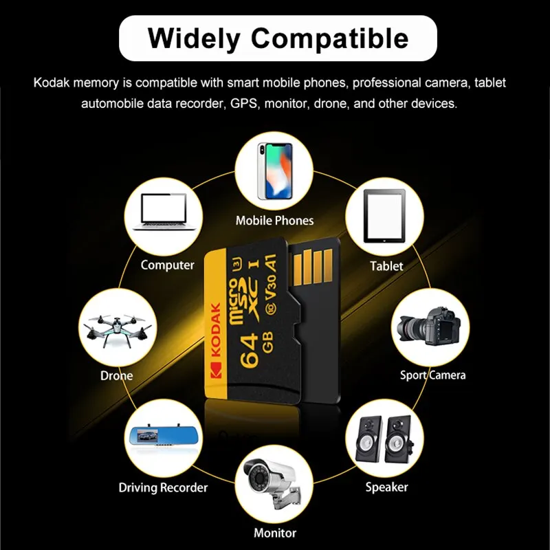 بطاقة ذاكرة KODAK Micro d ‏ GB حتى 90 من Class10 U3 32GB 64GB GB بطاقة TF 4K HD لمحول Microsd