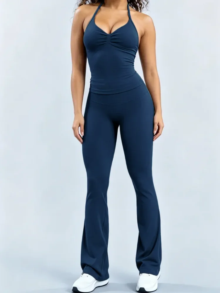 2-teiliges Yoga-Set für Damen: V-Ausschnitt, gepolstertes langes Camisole-Oberteil, High-Waist Bootcut Flare Leggings – Weiches, dehnbares Gym-, Pilates- und Workout-Outfit – Detail 5