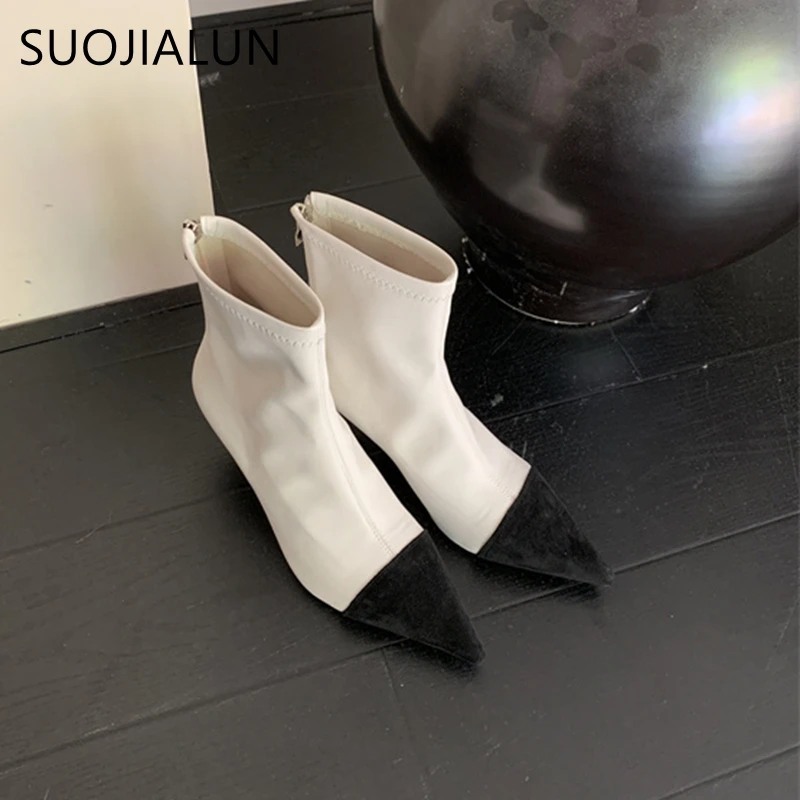 SUOJIALUN Winter New Brand Women Ankle Boots Fashion Pointed Toe Ladies Elegant Short Boots Shoes Thin High Heel Ladies Chelsea