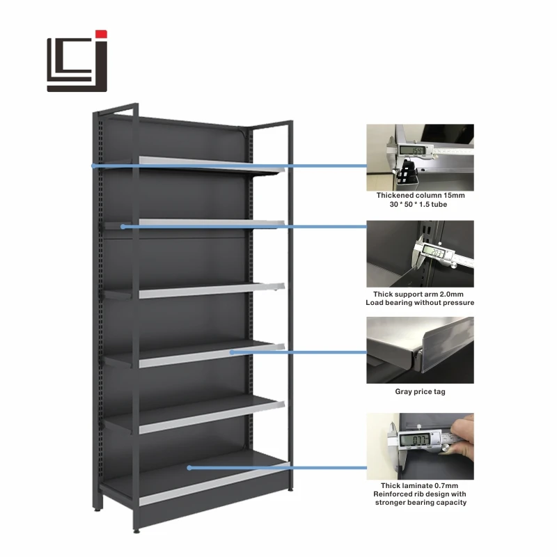 Supermarket Wall Shelving Single Sided Metal Gondola Shelf With Light Box Perforated Back Panel