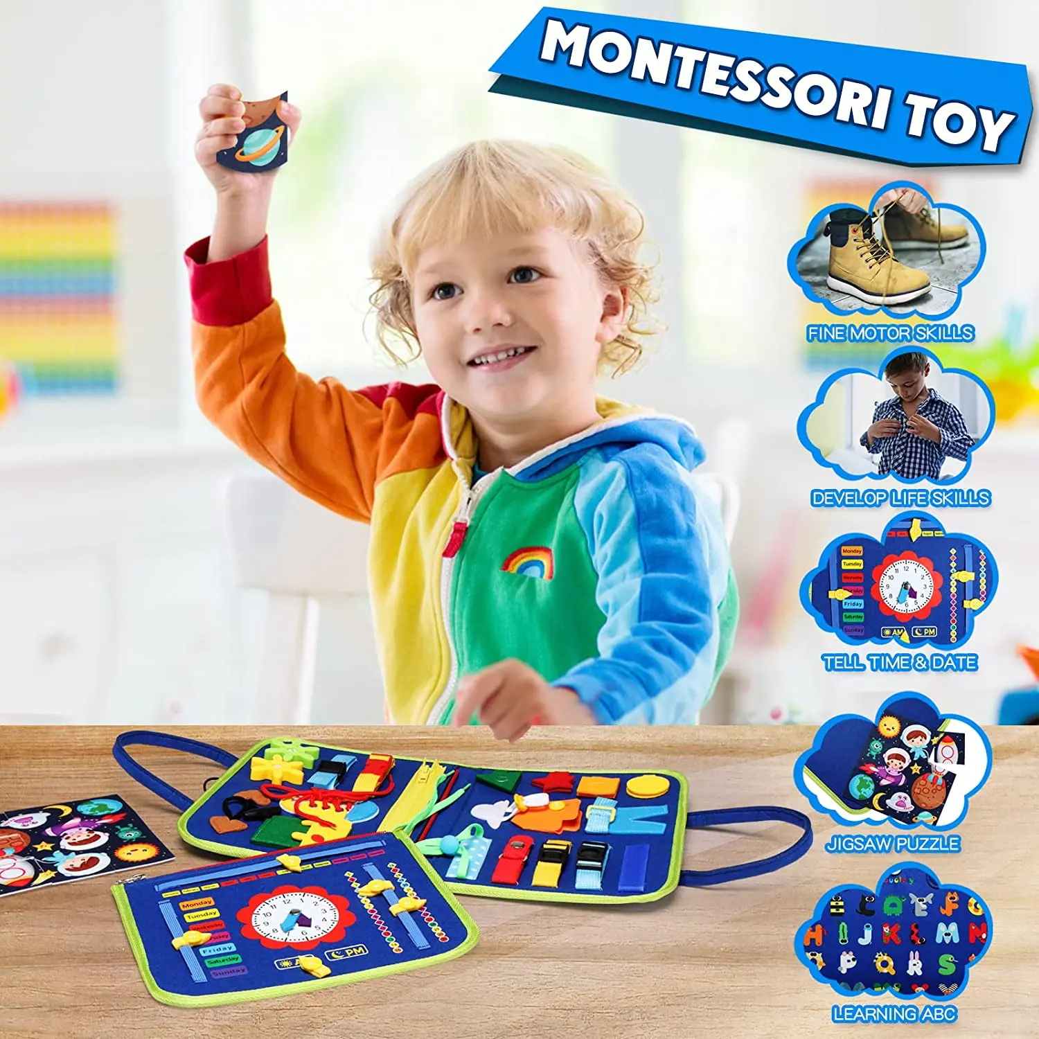 Montessori Busy Board Educational Activity Developing Sensory Board Fine Basic Dress Motor Skills Travel Toy Gift for Boys Girls