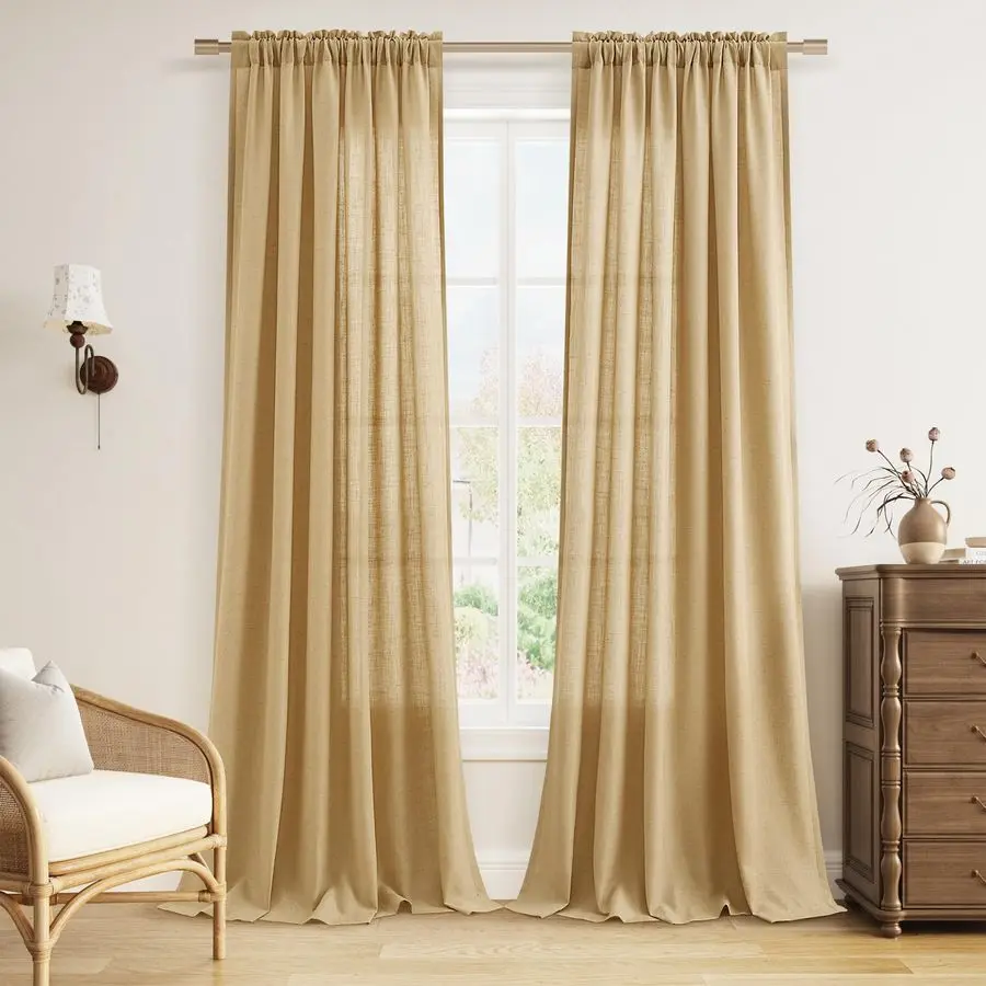 

Золотисто-желтые льняные шторы, 96 дюймов в длину, комплект из 2 панелей, с карманом для карниза, полупрозрачные, для столовой, уютной спальни, декор в стиле кантри, с эффектом хлопка