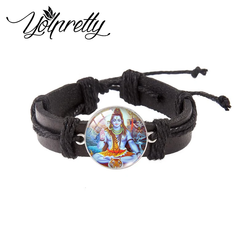 2023 New Fashion India God Brahma Vishnu Lord Shiva Geneisha Glass Dome Black Leather Bracelets Handcraft Jewelry for Men