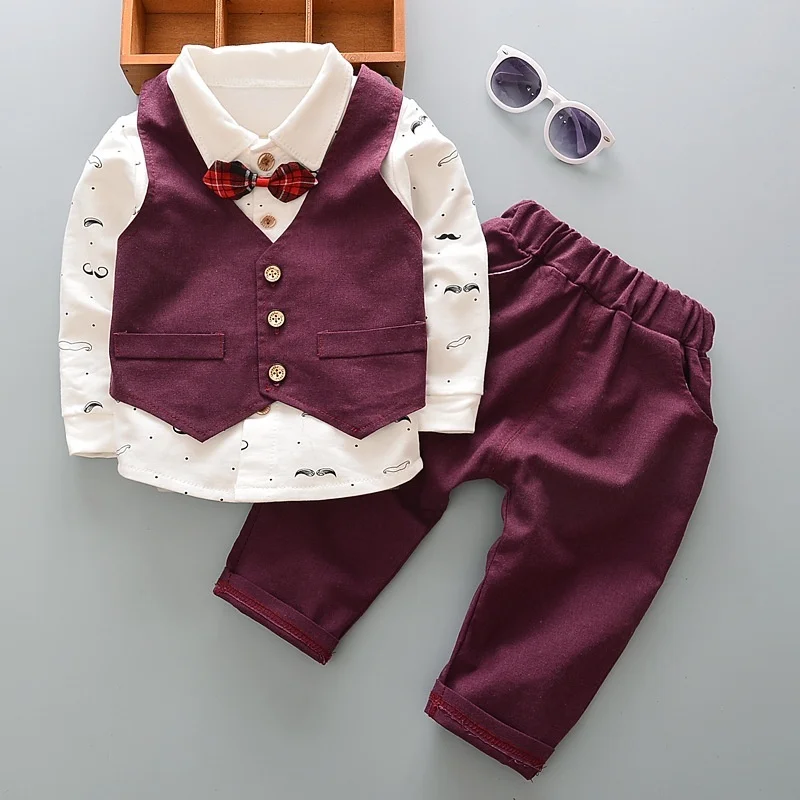 2025 Baby Boy Clothing Suit Spring and Autumn Baby Solid Color V-neck Vest Vest+casual Leggings+bow Printed Shirt 3cps Suit