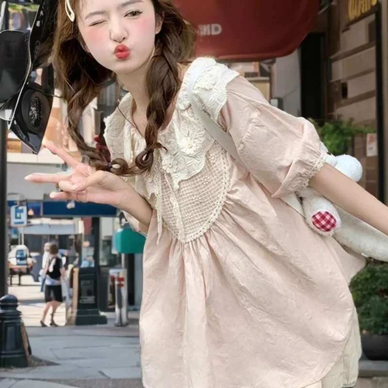 

Женская блузка с пышными рукавами и милыми рюшами, лето 202, свободные модные топы с цветами, Mujer, универсальные рубашки в японском стиле