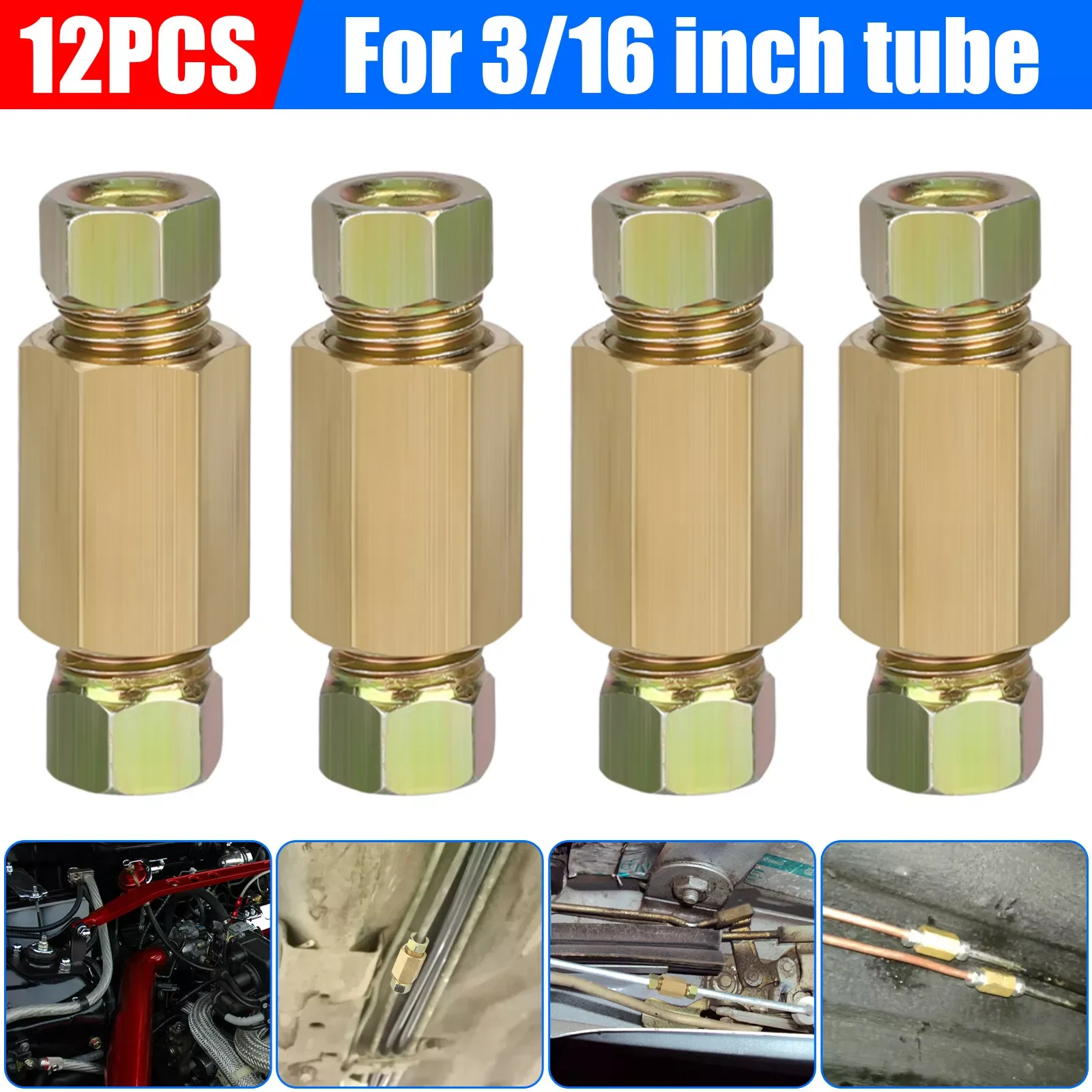 

12X Straight Brass Brake Line Inverted Compression Fitting Unions For 3/16" Tube