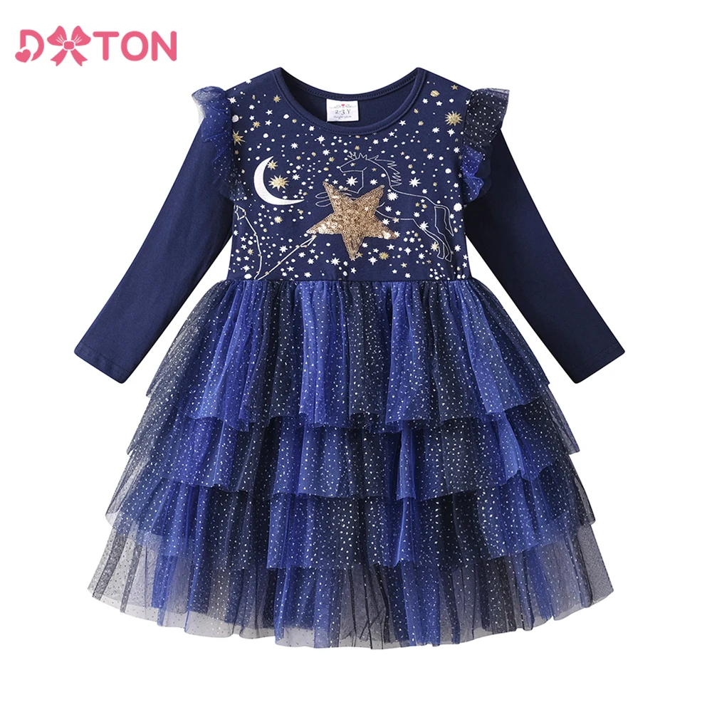 DXTON Princess Dress Winter Premium Kids Party Vacation Costume Sequin Star Toddler Dress Unicorn Blingling Children Layer Dress