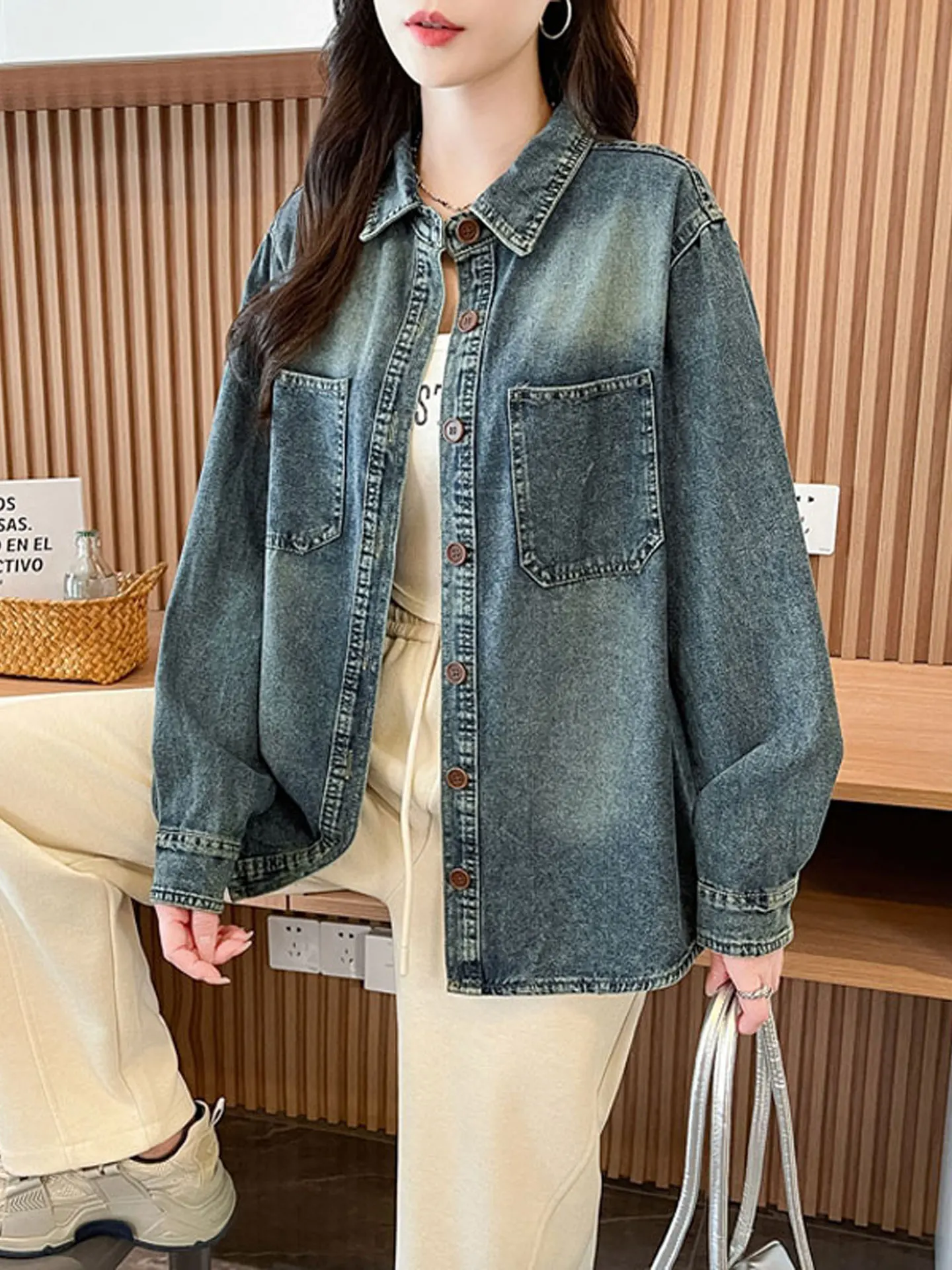 Loose Denim Shirt Jacket Women's Long Sleeve Autumn Spring Summer Versatile Middle School Student Friendly Button Pocket Detail